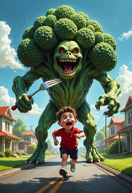 **Prompt:** A **massive, hyper-detailed broccoli monster**, its textured green florets towering above, looms menacingly over the scene. The monster’s **glowing, piercing eyes** radiate fury, its skull-like face twisted in a fierce expression. In one hand, it clutches a **gleaming silver fork**, sharp and ready,
In front of it, a **chubby, terrified boy** sprints for his life. His **mouth hangs wide open**, a scream frozen on his face, while **rosy cheeks**, tear-streaked eyes, and flailing arms emphasize his panic. He wears a **bright red T-shirt**, **black sports shorts**, and a pair of **white-and-red sneakers**, their laces trailing loosely as he stumbles across a cartoonishly detailed, slightly cracked asphalt road.  
The setting is a surreal suburban street, with **vivid green lawns** and pastel-colored houses in the background, their cheerful atmosphere contrasting hilariously with the chaos. The image captures **motion and emotion**—the monster’s outstretched clawed feet, the boy’s frantic stride, and even **spittle flying from his open mouth**. The overall tone is **funny, absurd, and highly detailed**, with rich, vibrant colors and realistic textures that bring the whimsical terror to life.