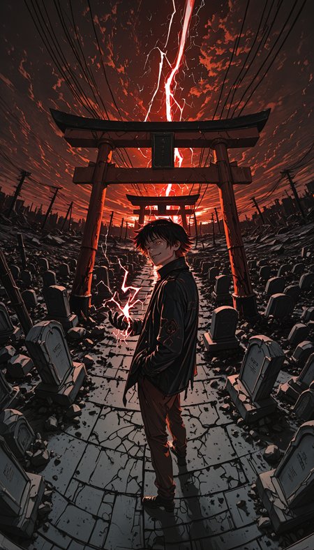 (JJ-Illu, re4lity_sync_illu,  fisheye, foreshortening, scenery, photo background, sketch, abstract_background, abstract_colors, guide_lines, bad_quality, traditional_media) 
((solo, solo_focus)), holding lightning, holding magic, looking_at_viewer, short_hair, black_hair, photoshop_(medium), shirt, gloves, 1boy, long_sleeves, original, standing, jacket, full_body, male_focus, red_hair, sky, outdoors, black_gloves, cloud, pants, coat, blood, glowing, cloudy_sky, spiked_hair, glowing_eyes, floating, hand_in_pocket, rock, silhouette, electricity, chromatic_aberration, torii, aura, ruins, red_theme, power_lines, broken, red_pants, utility_pole, floating_object, crack, smirk, energy, debris, tombstone, red_sky, building_destruction
