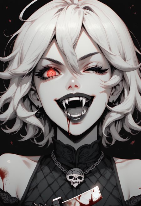 score_9, score_8_up, score_7_up, Goth girl, goth girl 1girl, 1girl,solo,looking at viewer,short hair, white hair, simple background,red eyes,maniac smile, open mouth, teeth, fangs, one eye closed, glowing eyes, (monochrome),lips,blood, black background,knife, holding a knife,spot color, bare shoulders,  <lora:Goth_girl_XL-v2:0.8>,  <lora:[GP] somethingweird [Pony XL]:0.2>, <lora:g0th1cPXL:0.3>, <lora:Concept Art Twilight Style SDXL_LoRA_Pony Diffusion V6 XL:0.8>,