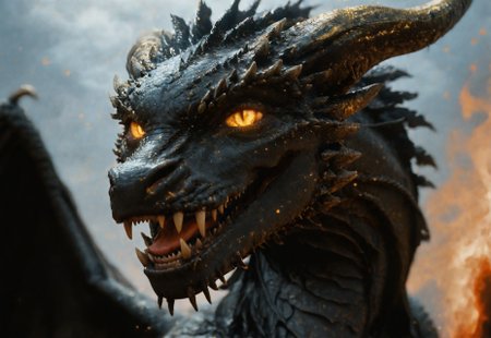 score_9, score_8_up, score_8_up, Expressiveh, masterpiece, raw quality, best quality, extremely detailed, stunning beautiful, high definition, HD, 4k, a realistic giant western dragon standing in a meadow, no human, black scales, black wings, golden horns, fangs, golden eyes, slit eyes, mischievous smile, head raised, looking viewer, haughty look, swirling flame particles, night time, cloudy, side view, body marking, red marking, glowing, made of fire, hkmagic, close up, open mouth, tongue out, licking lips,