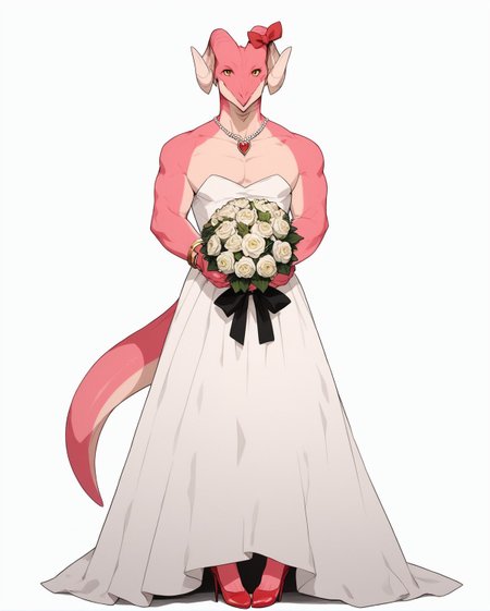 score_9, score_8_up, score_7_up, score_6_up, score_5_up, score_4_up,
(Masterpiece), (Best Quality), (Hi Res),
source_furry,
<1boy:1.5>,
<solo:1.5>,
<pink skin:1.5>,
<pink body:1.5>,
vincent_falnail, falchan, greyscale, 1boy, male focus, solo, yellow eyes, horns, furry male, furry, simple background, white background,
lipstick,makeup,ribbon,nostrils,dragon,
legs,sexy legs,muscular legs,heels,red heels,
<full body:1.5>,
<body focus:1.5>,
<simple background:1.5>,
<white  background:1.5>,
<lora:Vincent_Falnail:1> vincent_falnail,
 <lora:90s4n1m3XLP:1> 90s4n1m3, dress,
wedding dress,
Wedding,
necklace,
chocker,
bracelets,
<white dress:1.5>,
gold,
silver,
holding flowers,
bouquet,