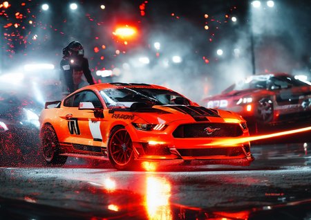 ford mustang, city bokeh background, art by bforangeteal, extremely detailed, embers, debris, art by photohelper, nukesd