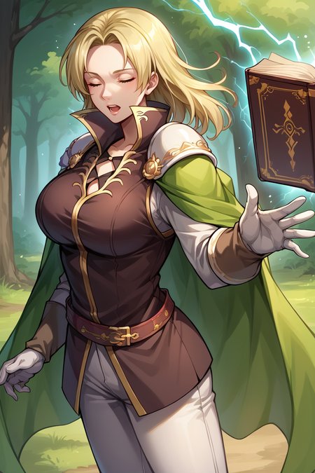 score_9, score_8_up, score_7_up, score_6_up, source_anime BREAK 1girl, solo,  <lora:fe8selena-pdxl-nvwls-v1-000005:1> feSelena, blonde hair, long hair, brown tunic, green cape, white gloves, shoulder armor, belt, white pants, brown boots, holding book, outstretched hand, thunder magic, closed eyes, open mouth, forest, lightning, big breasts