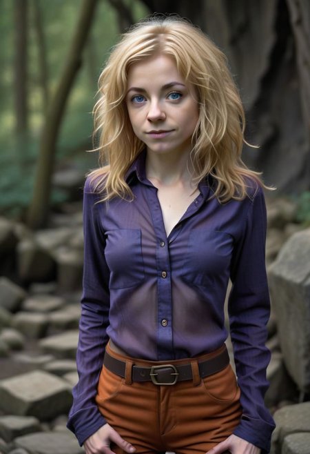 photo of pale (Age 19) female (halfling:1.75), (flat chested, rectangle body shape), (shaggy blonde, middle part), blue eyes, ((Dark purple)/(Dark Orange) masculine shirt/pants), homely, tiny, petite, thin, toned, lithe, full body, outdoors, HDR