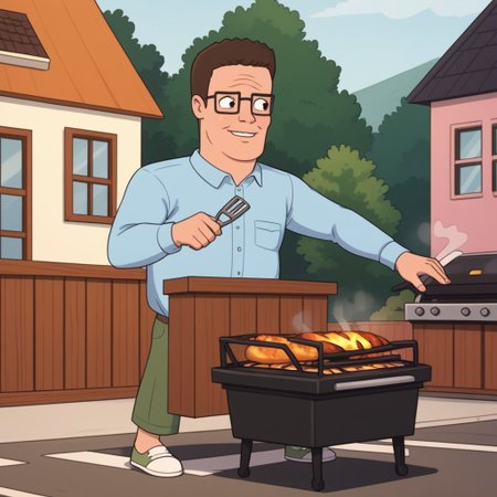 hank hill standing at a barbecue grill, outdoors on a sunny day, ((a giant propane molecule floats in the air)),