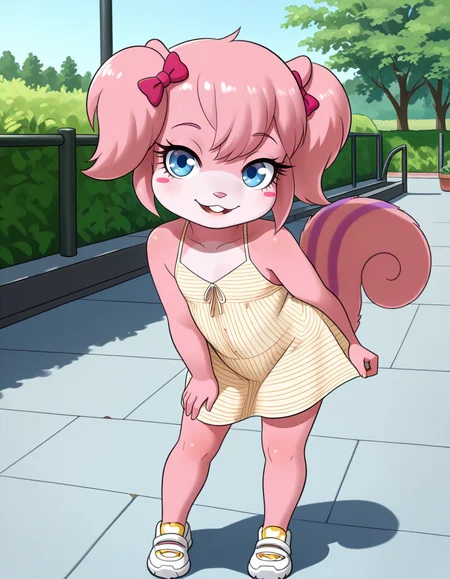 masterpiece, best quality, very aesthetic, absurdres,
outdoors,
full body, seductive smile, parted lips, long eyelashes,
 <lora:Twiggy_v01_NAIXL:1>
Tw166y,1girl,solo,furry,furry female,squirrel girl,pink hair,squirrel ears,short hair,twintails,hair bow,blue eyes,blush stickers,animal nose,buck teeth,body fur,pink fur,squirrel tail,