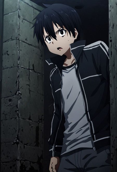 high resolution, solo, best quality, 1Boy, Kazuto Kirigaya, Black Hair, Black Eyes, guts's test, haunted place, OverallDetail