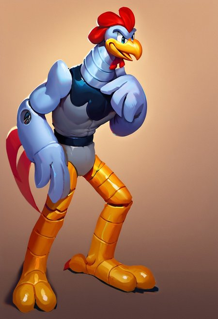 score_9, score_8_up, score_7_up, score_6_up, Scratch, Badnik, robot, metal skin, bird, rooster, beak, male, solo, brown background, gradient background, dynamic view