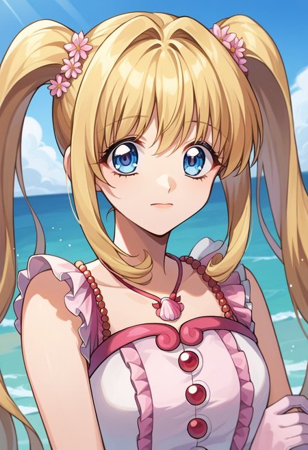 score_9, score_8, score_7, source_anime, nanami lucia, twintails, upper body, pink gloves, beads, frilled dress, ocean, idol, flower, teeth, closed mouth