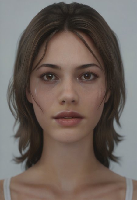 score_9, score_8_up, score_7_up, realistic photo of dbrhrpr, 20-year-old 1girl, unique angle, unique framing, close-up,  face focus, (looking at viewer), parted lips, 1girl, brown eyes, brown hair, messy hair, by loish, masterpiece, lips parted, slim figure, petite, (simple background, white background), side lighting, warm lights