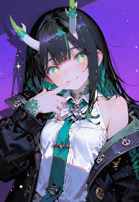 looking at viewer,above torso shot, smile,finger bang

1 girl,petite,loose unruly messy hair,messy bangs,black hair,green accents hair,fair skin,dragon horns,green eyes, sparkling eyes,freckles

Large Black coat with green accent,coat hanging sleeves,white sleeveless buttoned shirt,green tie, exposed shoulder

Color background, bright purple background,shadow, light from front,glimmer, scales design, sparkling

Cunnystyle,748cmstyle,Smooth_Quality,dynamic pose, foreshortening, extreme perspective,masterpiece,best quality,amazing quality, aesthetic,bright colors,bold lines