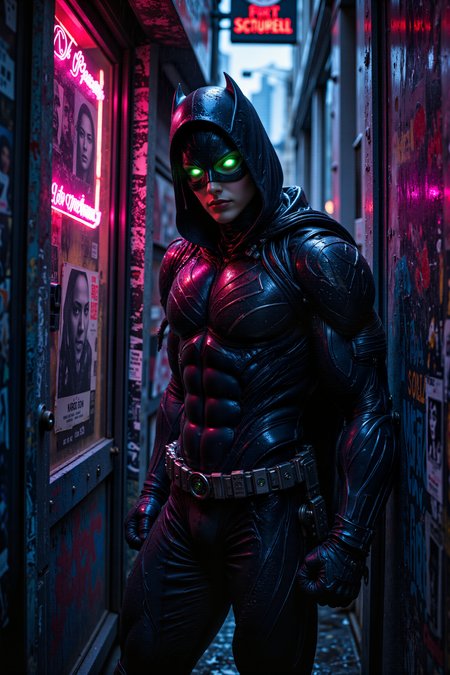 A hyper-realistic portrait, photorealistic photo close-up image of In a neon-lit alley deep within the cityâs underbelly, Action Boy presses his back against a graffiti-covered wall, his breath coming in short, sharp gasps. His jet-black suit, now torn and smeared with grime, reflects the soft glow of the buzzing neon signs above, casting him in shades of purple and green. The alley is tight and shadowy, with flickering streetlights and the distant sound of a bustling city that seems a world away from this hidden corner. Action Boy's green eyes dart from side to side, listening intently as heavy footsteps approach, the sound of metal boots clanging against the wet pavement. Rain drips from the edge of his hood, and his fists crackle with faint energy as he prepares for the inevitable confrontation. Above, the towering skyscrapers loom, their windows glowing like stars in the night sky, and the faint hum of distant hovercars fills the air. The alleyâs walls are covered in posters of fallen heroes, their faces faded and torn, a grim reminder of the stakes. Action Boy inhales deeply, steadying his nerves, as the shadows around him grow darker, signaling the arrival of his pursuers. (photography, high-resolution, dynamic, energetic,hyper-realistic, dramatic lighting, shallow depth of field.), detailmaximizer, MythP0rt<lora:midjourney_whisper_flux_lora_v01:0.55><lora:aidmaMJ6.1-FLUX-V0.1:0.4><lora:FluxMythP0rtr4itStyle:0.4><lora:detailed_flux_ntc:2.2><lora:aidmaImageUpgrader-FLUX-V0.1:0.65>