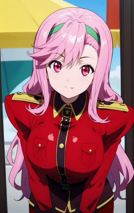 (score_9, score_8_up, score_7_up), standing, leaning forward, looking at viewer, light smile, closed mouth, shiny skin, tight clothes,
ohwx, 1girl, solo, pink_hair, long_hair, hairband, pink_eyes, red eyes, heart, fang, fang_out, breasts, large_breasts,
uniform, military_uniform, military, skirt,
orchard,
cowboy shot, dutch angle, close-up,
 <lora:shiria_ootsuka_pony_ss:1>