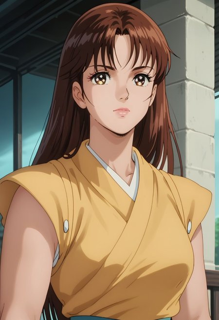 score_9, score_8_up, score_7_up, realistic, fine anime screencap_xl, anime screencap, miakoji, ronin warriors, solo, 1girl, retro, brown hair, 1980s (style), bangs, long hair, hazel eyes, portrait, makeup, samurai armor