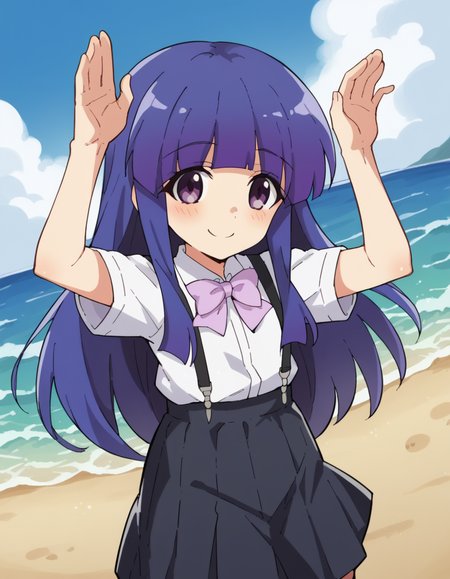 score_9, score_8_up, score_7_up, source_anime, <lora:rika-furude-s4-ponyxl-lora-nochekaiser:1>, rika furude, long hair, bangs, blue hair, purple eyes, blunt bangs, purple hair,, skirt, shirt, bow, school uniform, white shirt, short sleeves, pleated skirt, bowtie, black skirt, suspenders, pink bow, suspender skirt,, beach, sunset, walking along shore, footprints in sand, waves, peaceful, smile, <lora:rabbit-pose-ponyxl-lora-nochekaiser:1>, rabbit pose, smile, blush,, looking at viewer, solo,, dutch angle, cowboy shot