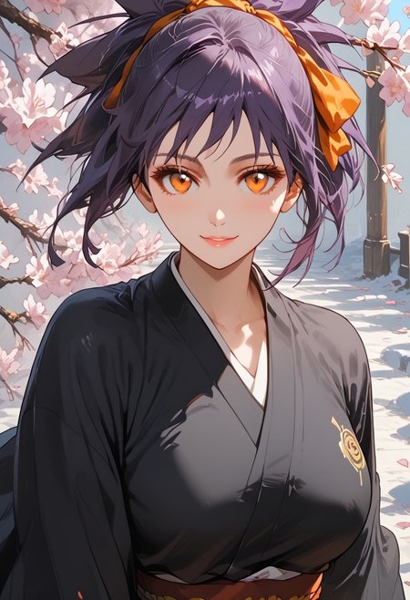 score_9, score_8_up, score_7_up, score_6_up, 1girl, solo, looking at viewer, light smile, huge breasts, large breasts, Expressiveh, senna_bleachxlpvn, purple hair, orange eyes, hair ribbon, kimono, black kimono, japanese clothes,
