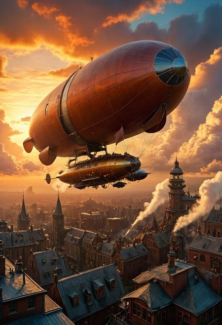 ultra HD, high quality, 4K, score_9, score_8_up, score_7_up, photo, extremely detailed, 8k, high quality, Source_photo, real photo, sharp,
steampunk zeppelin airship flying over a steampunk city, vibrant, dynamic, sunset, silhouetted, clouds, scenery, masterpiece, perfect composition