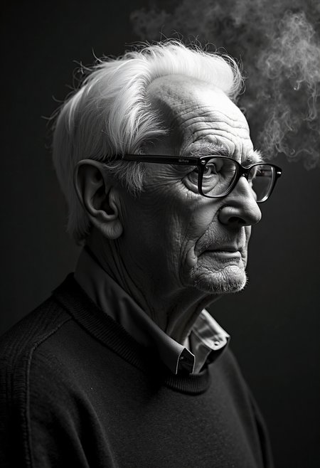 A highly detailed, black-and-white, silhouette, closeup, professional photo portrait of a old man with wrinkles and white hair. He has tanned skin and sad eyes framed by big glasses. His hair is short and white. He wears an elegant sweater. The background is pitch black, with smoke behind the woman, creating a dramatic contrast with hia tanned skin and white hair, drawing the viewerâs focus entirely onto her. The lighting, hitting only one side of his face, is hard in chiaroscuro style, giving depth to her features and an air of mystery. The overall style blends gothic and fantasy influences, with a strong emphasis on realism and a refined sense of elegance and enigma.