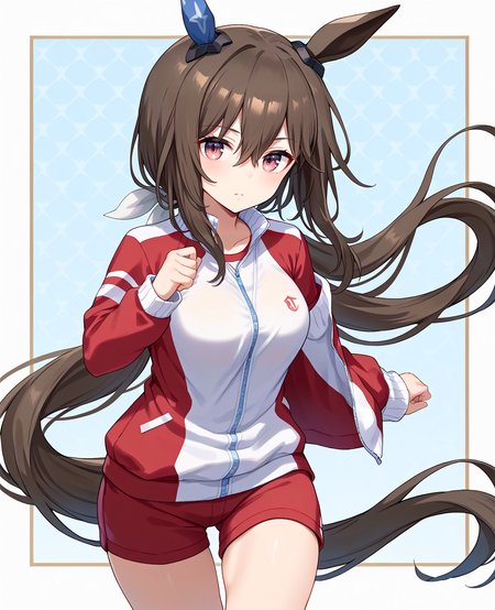score_9, score_8_up, score_7_up, 1girl, (looking at viewer:1.2), (closed mouth:0.6), :o,, , patterned background,, (running:1.4),, (,:1.2),
admire vega \(umamusume\),  <lora:pony_admire_vega_v1.02:1>, horse ears, horse tail, hair between eyes, low ponytail, single ear cover,
<lora:_sdxl-um-tracenjersey-pony:0.6>, red jacket, track jacket, , tracenjerseypants, red short pants,
,