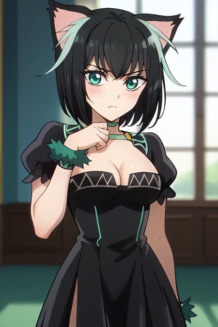 score_9, score_8_up, score_7_up,   rating_explicit, source_anime, <lora:StS_detail_slider_v1:3>, <lora:age_slider_v4:-1>,detailed skins, body blush,cowboy shot,  perfect curyv medium breasts,  highly detailed, body blush,cowboy shot,  looking at viewer,  perfect eyes,perfect hands, sidelocks, <lora:Tama__Matilda_Isekai_Shikkaku:1>,tama,cat ears,animal ear fluff, multicolored hair, two-tone hair,black hair,light green hair, bangs, short hair,aqua eyes,medium breasts,tamadress,light green choker,black dress, puffy short sleeves,cleavage,clothing cutout, fur-trimmed wrist cuffs, zettai ryouiki, black legwear,standing,