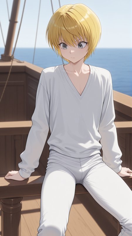 masterpiece, best quality, amazing quality, 1boy, solo,  <lora:IlluKurapika:1> illukurapika, blonde hair, short hair, grey eyes, white long sleeves, white pants, sitting, on ship,     on railing, white shirt, collarbone, v-neck,