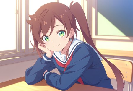 masterpiece, best quality, very aesthetic, anime, detailed background, 1girl, smile, looking at viewer
<lora:ShizuruChikura_ShuumatsuTrain:0.9> shizuruchikura, brown hair, school uniform, green eyes, serafuku, side ponytail, white sailor collar, long hair, red neckerchief, long sleeves, 
classroom, sitting, sunray, window, upper body,