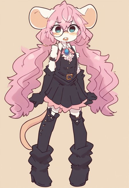score_9, score_8_up, score_7_up, score_6_up, best quality, masterpiece, (absurdly high resolution:1.4), standing, (short, diminutive, smol), ((anthro, mouse:1.2), brown body, white body, buckteeth, female, flat chested, slim, thin, petite), (large round glasses, skirt, puffy sleeves, tie, shoulder straps, elbow gloves, brooch, frills, pants, thighhighs, high heels, paw boots, furgonomics, thigh high boots, pink clothes, black clothes), cute, adorable, (floor-length hair, extremely long hair, twintails, hair between eyes, crossed bangs, hair, fluffy hair, thick hair, pink hair), (timid, blush lines), solo, dynamic pose, simple background, young