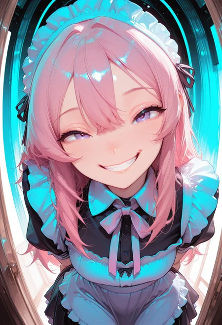 smooth positive, masterpiece, best quality, good quality, newest, highres, absurdres, 8K, bright colors, multicolored background, neon palette, fisheye, pov peephole, peephole,  1girl, CivChan, grin, purple eyes, pink hair, arms behind back, looking at viewer, maid headdress, maid,
masterpiece, best quality, good quality, newest, highres, absurdres, 8K, bright colors, <lora:add-detail-xl:2> <lora:unfazed mixed gothic - IL:0.6> <lora:CivChan:1>