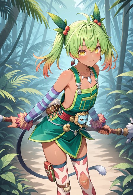 highres, best quality, masterpiece, jungle, 
1girl, solo, ys8rico, green hair, gradient hair, twintails, dark-skinned female, yellow eyes, leaf hair ornament, hair bobbles, ahoge, earrings, flat chest, fang,
riys8def, green overalls, overall skirt, bare shoulders, jewelry, tooth necklace, detached sleeves, striped sleeves, arm warmers, red clothes around waist, pouch, tail, bandaid on knee, buckle, print thighhighs, animal print,
looking at viewer, blush, smile,
standing, holding weapon,
<lora:_ricotta_ys8-elesico-ilxl:1>