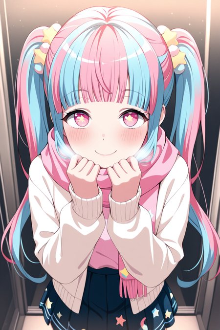 masterpiece, best quality, amazing quality,
 <lora:PAREO_IL:1> pareo, 1girl, solo, smile, twintails, pink hair, multicolored hair, looking at viewer, bangs, blush, long hair, blue hair, star (symbol), pink eyes, blunt bangs, scarf, two-tone hair, skirt