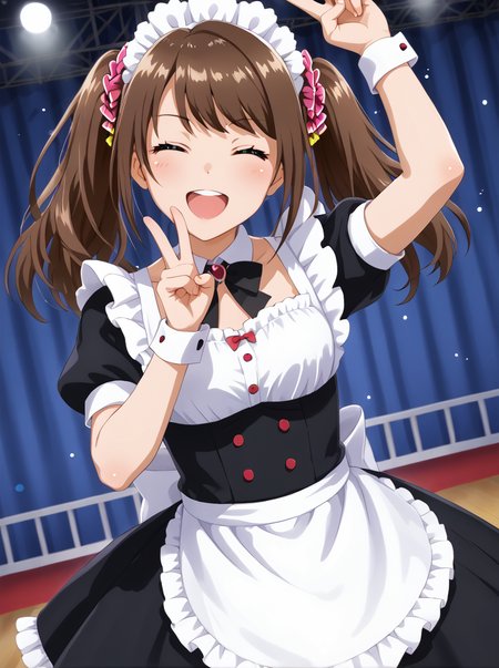 detailed background, shiny skin, posing, rating safe,
<lora:mizusaki.pony:1>,
mizusaki, 
maid outfit, 
stage, night, stage light, 
closed eyes, , v, w, peace,