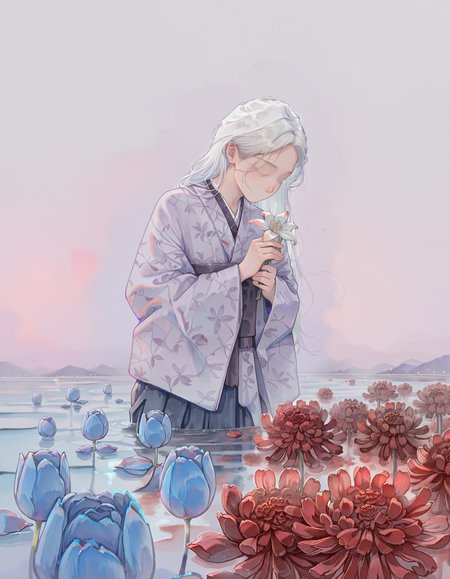 masterpiece, best quality, amazing quality, very aesthetic, absurdres,(watercolor), watercolor (\medium)\, no lineart, painting, brush stroke,impressionism, painterly,  water spots, stains, paint stains,solo, alone
,ADDCOMM,
girl holding one white lily in hand, tears, no face, no eyes, no mouth, purple kimono with lavender pattern, (spot color), purple theme, empty background, white hair, long hair
,ADDROW,
blue theme, blue tulips
,ADDCOL,
red theme, small red chrysanthemums
,   <lora:HSwatercolorstylellust:1> <lora:WhiteNegativeSpaceILL:0.4>