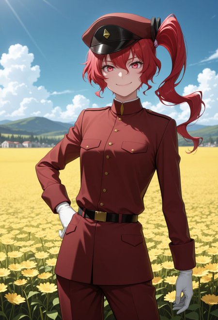 masterpiece,best quality,absurdres,highres,very aesthetic,high quality,detailed,insanely detailed,beautiful,perfect lighting, looking at viewer, looking at viewer, smile,
<lora:Teruko Ôkura illu:1> 1girl, red hair, side ponytail, red eyes, long hair, military uniform, hat, white gloves, hand on hip, portrait shot, cowboy shot, looking at viewer, meadow background, blue sky, clouds, wild flowers