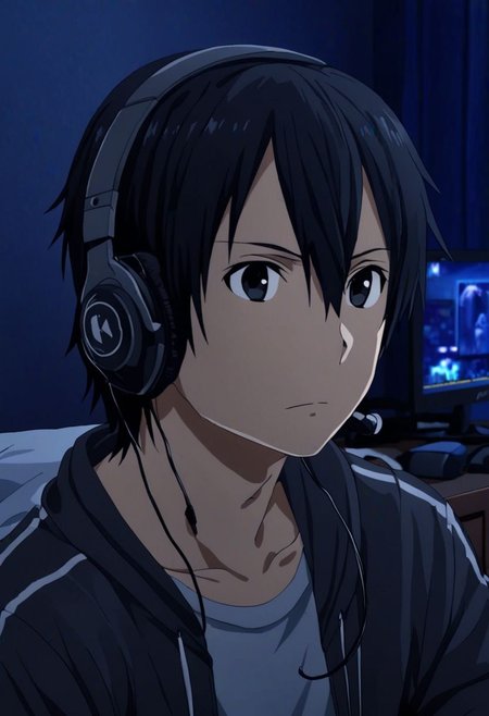 high resolution, solo, best quality, 1Boy, Kazuto Kirigaya, Black Hair, Black Eyes, gamer, bedroom, night, pc, sit, headset, portrait, OverallDetail