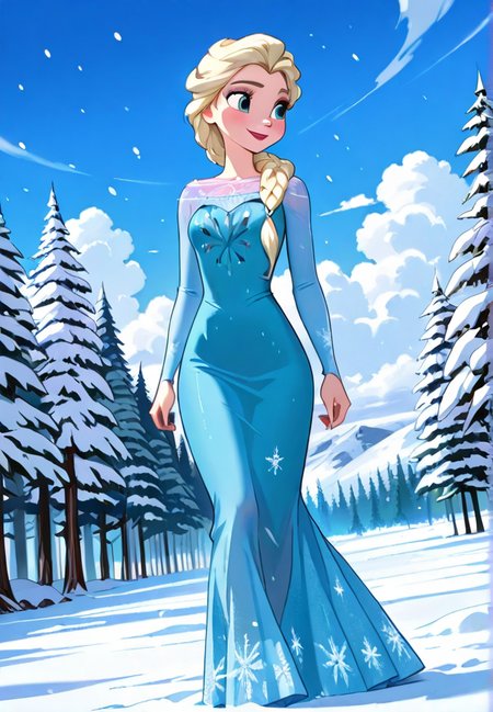 masterpiece, best quality, amazing quality, very aesthetic, absurdres,  newest, detailed background, cowboy shot, forest, snow, sky, clouds, wind, dynamic angle, snowflakes
elsadisney, 1girl, dress, hair over shoulder, single braid, smile, long hair, blue dress, full body, long dress, 
 <lora:Elsa_-_Disney_Illustrious-000006:1>