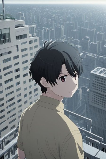 high resolution, solo, best quality, 1Boy, Inaho Kaizuka, Black Hair, high-rise, top of building, landscape, shallow depth of field, OverallDetail
