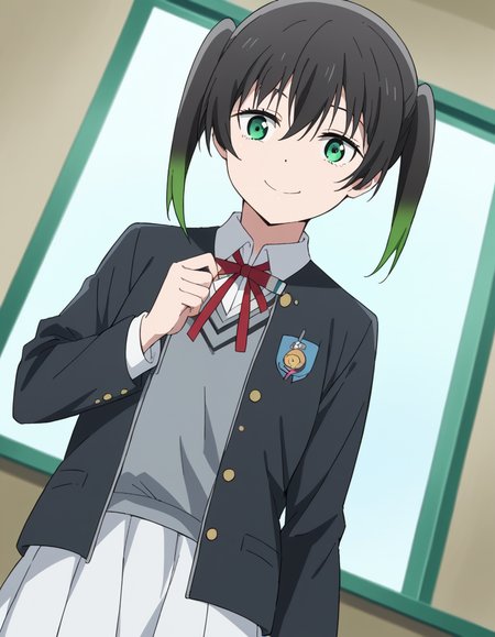 score_9, score_8_up, score_7_up, source_anime, <lora:yuu-takasaki-s2-ponyxl-lora-nochekaiser:1>, yuu takasaki, bangs, black hair, hair between eyes, twintails, green eyes, multicolored hair, green hair, medium hair, two-tone hair, gradient hair,, skirt, long sleeves, school uniform, jacket, red ribbon, black jacket, blazer, nijigasaki academy school uniform, white skirt,, indoors, smile, looking at viewer, solo,, cowboy shot, dutch angle