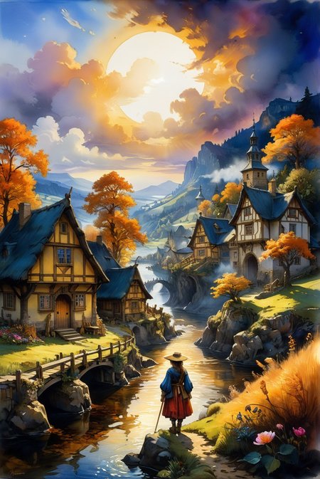 A hyper-realistic, ultra-detailed watercolor painting featuring a fantastical landscape with a village at the end of time. The scene has a perfect composition and chiaroscuro inspired by Rembrandt, with concept art elements by Mariusz Lewandowski, Louis Aston Knight, Karine Eibatova, John Howe, Jessica Rossier, JarosÅaw JaÅnikowski, Inessa Garmash, HenriÃ«tte Ronner-Knip, and Harumi Hironaka. The painting is vibrant, beautiful, painterly, detailed, and textural.
Watercolor painting, masterpiece, best quality, hyper detailed, ultra realistic, 32k, RAW photo, landscape, fantasy, village at the end of time, perfect composition, chiaroscuro by Rembrandt, concept art, vibrant, beautiful, painterly, detailed, textural, artistic, Rembrandt, Mariusz Lewandowski, Louis Aston Knight, Karine Eibatova, John Howe, Jessica Rossier, JarosÅaw JaÅnikowski, Inessa Garmash, HenriÃ«tte Ronner-Knip, Harumi Hironaka.
<lora:add-detail-xl:1.0>,
<lora:EnvyBetterHiresFixXL01:1.0>,
<lora:extremely_detailed:1.0>, extremely detailed,
<lora:EldritchMixIllustration_1.1:0.6>,
<lora:watercolor:0.4> watercolor,
<lora:EnvyInkSwirlXL01:0.25> swirling ink,