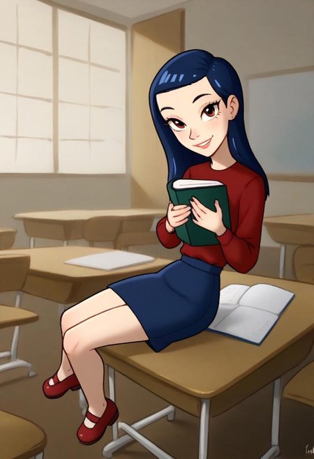 LesDnkl_TP, 1 girl, solo, blue hair, shoulder length hair, long eyelashes, red long sleeve shirt, blue skirt, red shoes, holding book in arms, looking at viewer, sitting on desk, seductive, teasing, flirting, smiling,