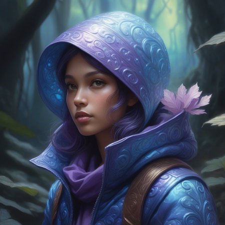 , concept digital oil painting, watercolour painterly detailed artwork by colossus scholastico almda palmanerie, trending on artstation beautifully back lit beautiful ancient foliage topa (blue:1.18) highlights pencil low angle, by dorothea tan, albino colors pastel french cists and fluffy pancakes shadows volumetric retrofractality tarot card art grand surreal chromatic gradient fanart engraved texture deep royal purple glow insanely detailed, (d & d characters, (blue:1.18), iridescent puffy jacket) teflom armor dark colorful swirly arn illustration character style trending artstation fanart by thomas gurney  <lora:add-detail-xl:1>