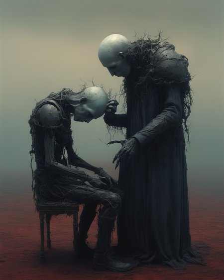 heartbroken liches, married liches getting a divorce, heartache, sad, melancholy, Tim Burton, Nicola Samori, Beksinski,  dystopian surrealism, vivid color, <lora:add-detail-xl:0.85> <lora:xl_more_art-full_v1:0.6>  <lora:XSfenlie:1> fenliexl