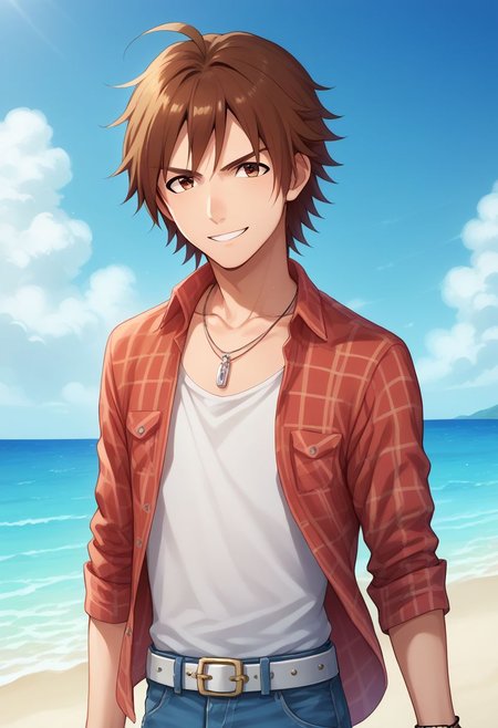 score_9, score_8_up, score_7_up, source_anime, highly detailed, 
touma, 1boy, male focus, solo, brown hair, brown eyes, shirt, jewelry, day, beach, belt,
ocean, outdoors, bracelet, sky, necklace, pants, looking at viewer, open clothes, smile, cloud, denim, skinny, upper body,