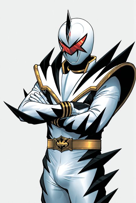 score_9,score_8_up,score_7_up,male focus,ultra-detailed,high resolution,digital painting,8k,1boy,solo,cowboy shot,male focus,detailed face,white bodysuit,helmet,belt,bodysuit,armor,tokusatsu,gloves,mask,super d1n0 white,horns,standing,crossed arms,bulge,simple background,(white background:1.1),<lora:add-detail-xl:1>,<lora:LYDart StyleIlluLYCO:0.2>,ydart,<lora:Dino Ranger White:0.7>,