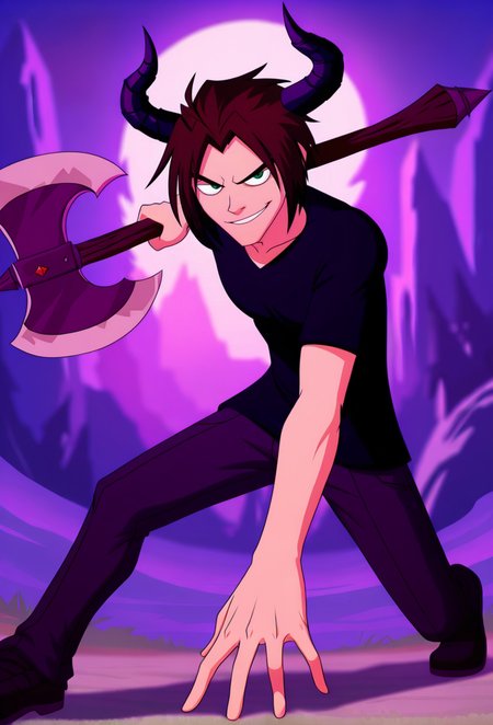 masterpiece, perfect face, beautiful face, perfect hands, beautiful hands, dark theme, 
 <lora:dimon-30:1> dmnwf, solo, 1boy, male focus, brown hair, shirt, short hair,  green eyes, 
 serious, v-shaped eyebrows, axe, clothed, full body, horns, draph, large breasts, epic, , cool pose, holding weapon, purple background, stylized eyes, smile, smirk, , location, masterpiece, no text, -0.8::feet::, rating:general
 detailed backgroud,foreshortening,blurry edges, soft lighting, intricate details , depth of field, foreshortening,(masterpiece, best quality), safe, amazing quality, very aesthetic, absurdres, highres, newest,   <lora:nhl-001:1> nhl-001, limited palette, realistic