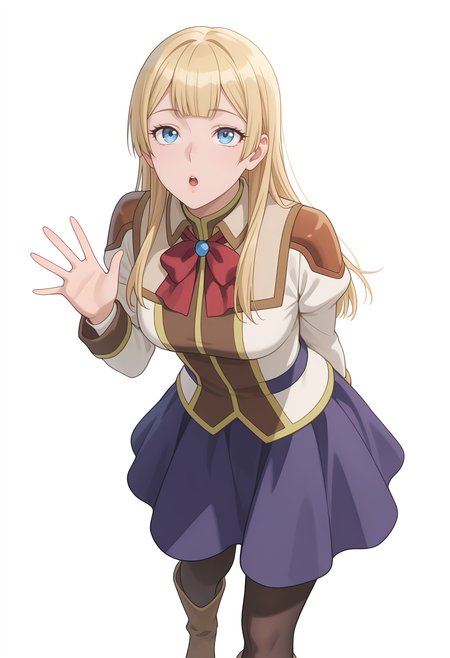 Smooth Quality,masterpiece,very intricate, high quality details, ultra realistic, high detailed skin,
simple background, white background,
dynamic angle,;o,waving ,standing, arms behind back, looking up, calm expression, relaxed posture,  ,
<lora:Rembrandt_Sifcnn:0.7> RembrandtSif/cnn, 1girl, solo, long hair, blonde hair, blue eyes,
pantyhose, skirt, black pantyhose,boots, uniform,