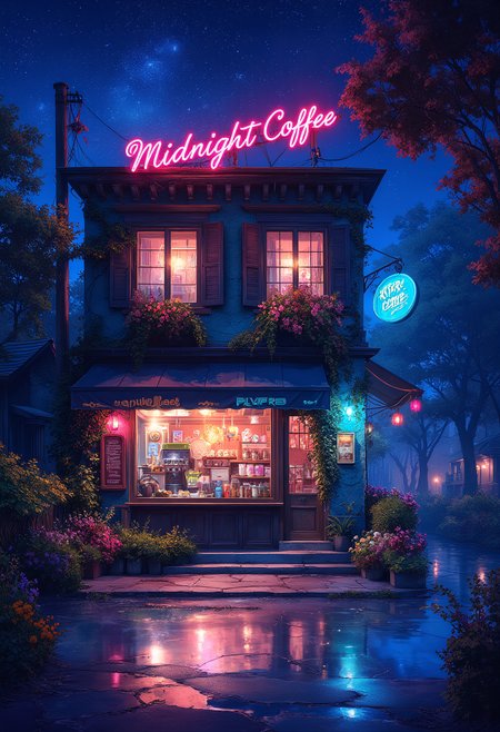 Anime Style, A coffee shop with a long illuminated sign on top reading "Midnight Coffee", night scene, vibrant flower pots, lushes trees, starry night, Vibrant Glow