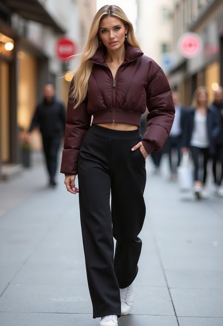 clo017, full body shot of a beautiful woman, lang blond hair, wearing a cropped chocolate-brown puffer jacket with a high collar and ribbed waist panels, ribbed waistband, long black trousers, white sneakers, walking on a shopping street
