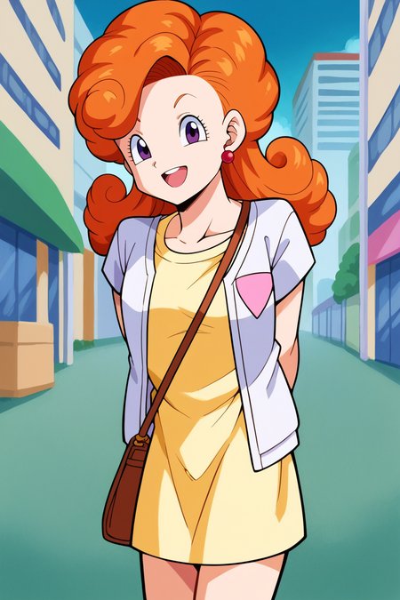 score_9, score_8_up, score_7_up,score_6_up, BREAK angela, 1girl,solo,cowboy shot, shoulder bag,red pearl earrings, dbcity, curly hair, brown handbag,contrapposto,  white cardigan, long hair, open mouth, orange hair, smile, street, looking at viewer, yellow dress, pink badge, small breasts,short sleeves,purple eyes,short dress,leaning forward,pov, head tilt, hands behind back,building,blue sky,(from side:0.7)    <lora:AngelaPony:1> <lora:DBCityPony3:1>