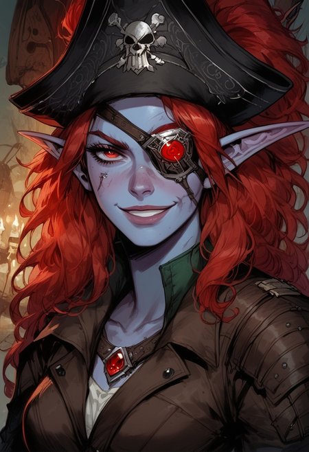 score_9, score_8_up, score_7_up, BREAK, 1woman portrait,  beautiful, dramatic lights ((Elf, rogue, thief, pirate, eyepatch, metal eyepatch, eyepatch with red jewel, blue skin, red hair, gree eyes, scars, scars on face, multiple scars, capitan hat, grin, smug, longe loose hair, sea background))
<lora:Fant5yP0ny:0.6> <lora:fantasy_world_pony:0.9>
<lora:Cherry-Gig:0.55>