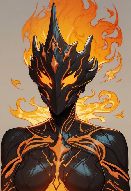 score_9, score_8_up, score_8, score_7_up, score_7, score_6_up, score_6, score_5_up, Score_5, 1girl, Hember, warframe, robot, fiery body, fiery hair, molten rock, multicolored body, black body, orange body, faceless, no mouth, ornamented  helmet, mask,  vox machine style, 1girl, female focus, solo, portrait, village background, fantasy, (dynamic lighting:1.1)
((masterpiece))